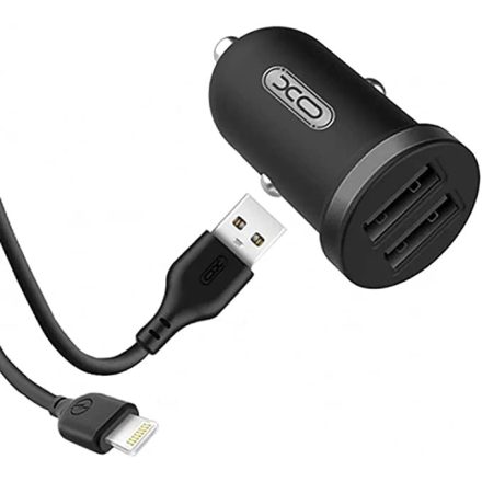 XO TZ08 Autós Töltő - 2x USB-A + Lighning Kábel - PD QC3.0 20W - Fekete